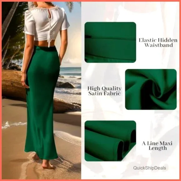 Satin Silk High Waist Ruffle A-Line Maxi Skirt Tulip Hem